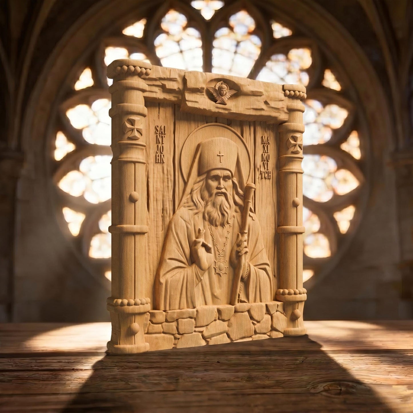 Saint John Maximovitch Wooden Carved Handmade Christian Icon Patron Saint of Orphans Left Side Natural Wood Color Cretan Holy Carvings