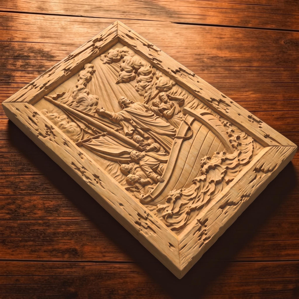 Jesus Calming the Sea Wooden Carved Handmade Christian Icon  Byzantine Greek Orthodox Home Decor Cretan Holy Carvings