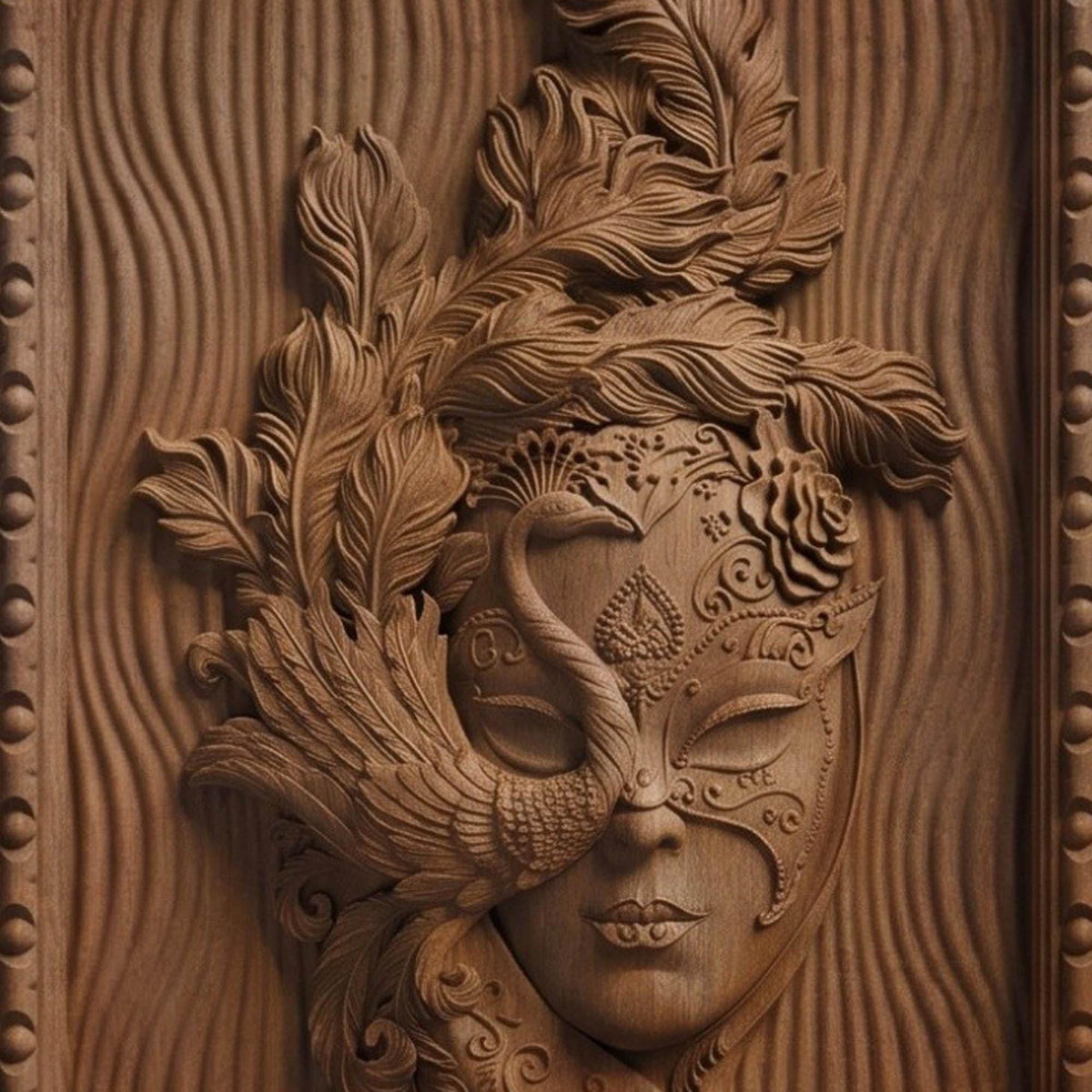 Masked Girl Wooden Bas Relief | Wood Panel Art | Sculptural Gift Idea