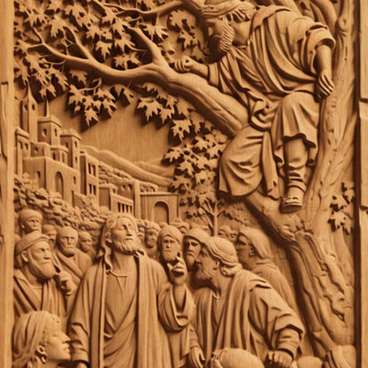 Jesus Talking to Zacchaeus on a Tree Wooden Carved Handmade Christian Icon  Byzantine Greek Orthodox Home Decor Cretan Holy Carvings