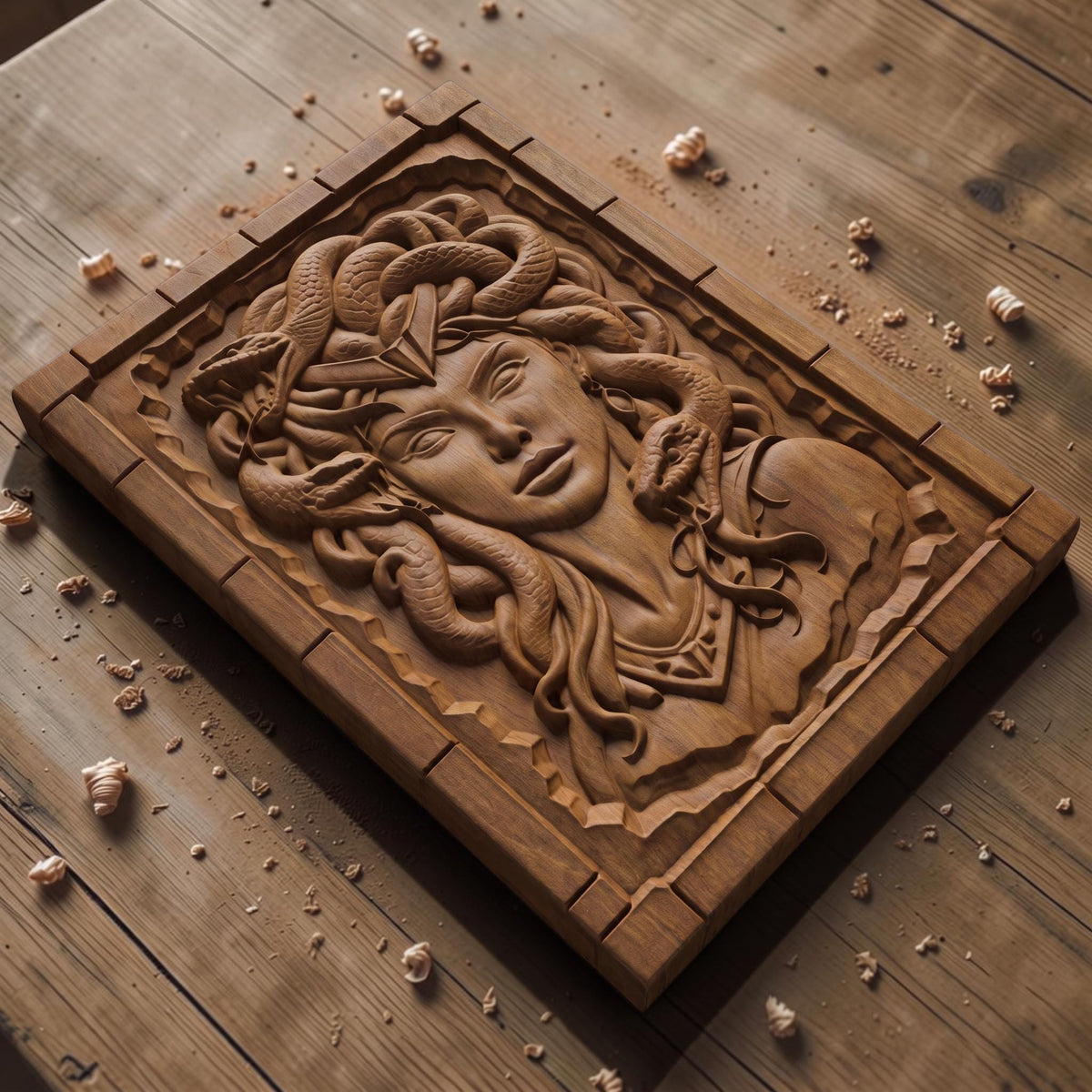 Beautiful Medusa from Ancient Greek Mythology 3D Wooden Bas Relief Panel Art Sculptural Gift Idea Cretan Holy Carvings