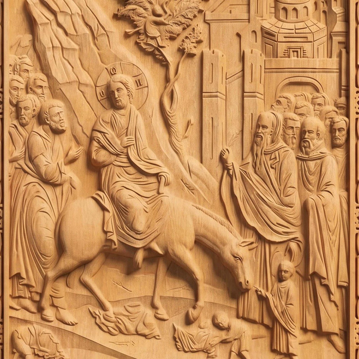 Jesus Christ Triumphal Entry  Wooden Carved Handmade Christian Icon Front Side Natural Wood Color Cretan Holy Carvings