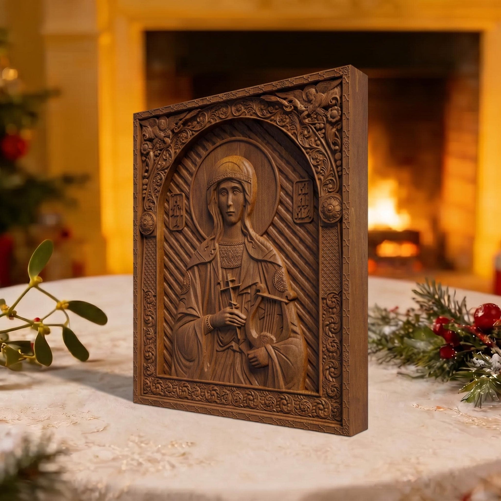 Saint Cecilia Patron Saint of Musicians Wooden Carved Handmade Christian Icon | Byzantine Greek Orthodox Home Art Decor