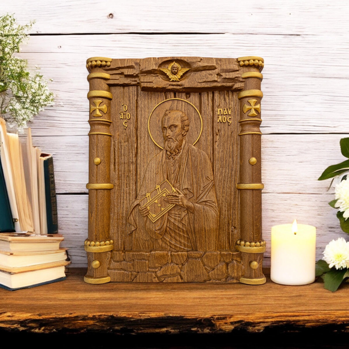 Saint Paul the Apostle Wooden Carved Handmade Christian Icon. Byzantine Greek Orthodox Home Art Decor.