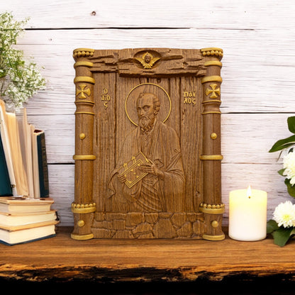 Saint Paul the Apostle Wooden Carved Handmade Christian Icon. Byzantine Greek Orthodox Home Art Decor.