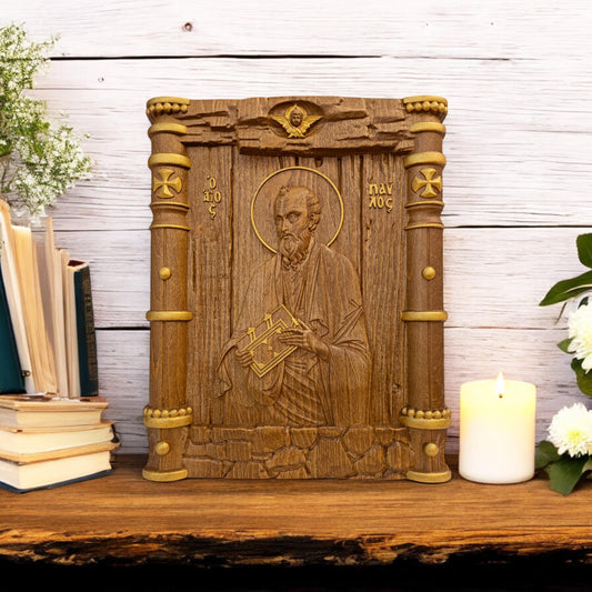 Saint Paul the Apostle Wooden Carved Handmade Christian Icon. Byzantine Greek Orthodox Home Art Decor.