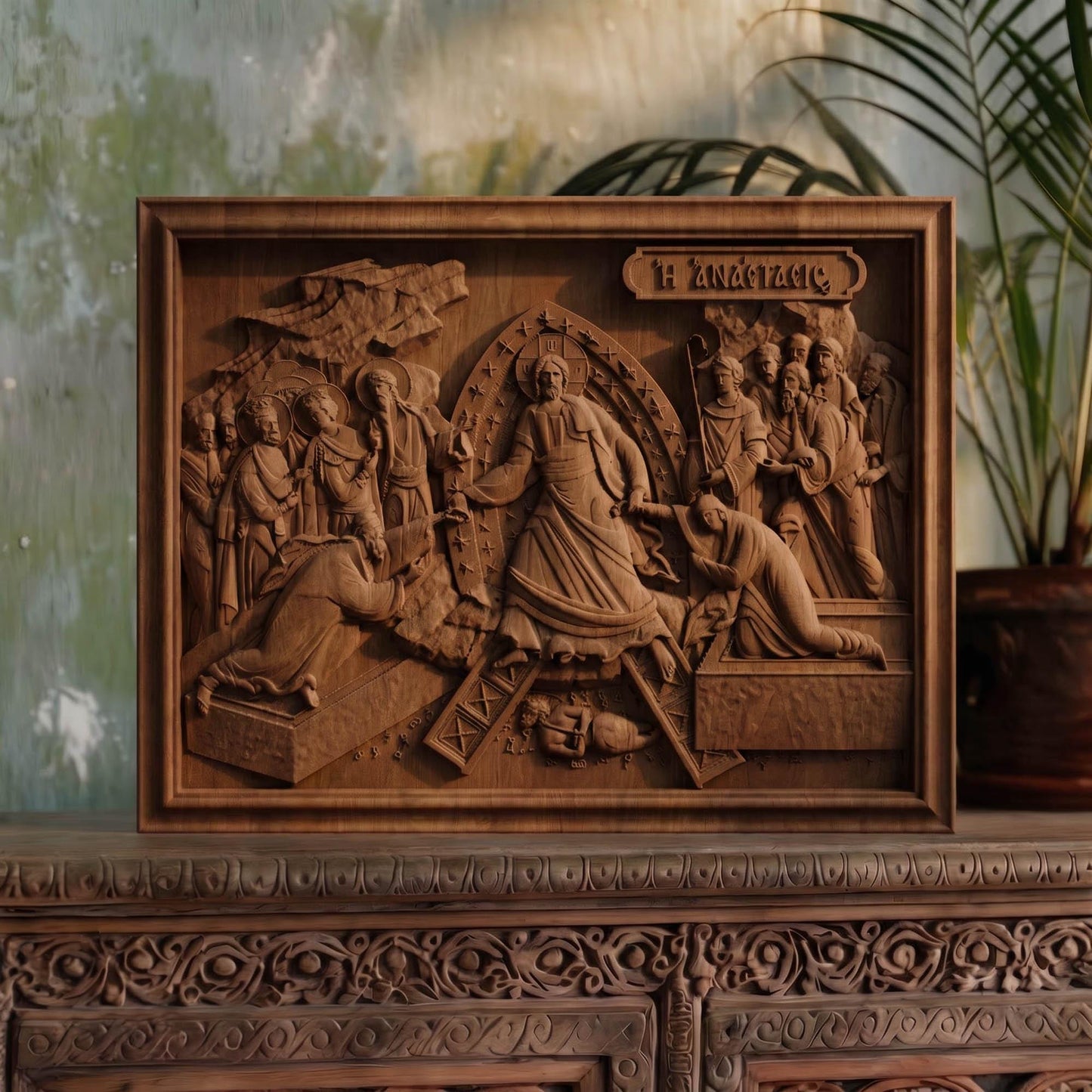 The Resurrection of Jesus Christ Wooden Carved Handmade Christian Icon | Byzantine Greek Orthodox Home Art Decor | Cretan Holy Carvings