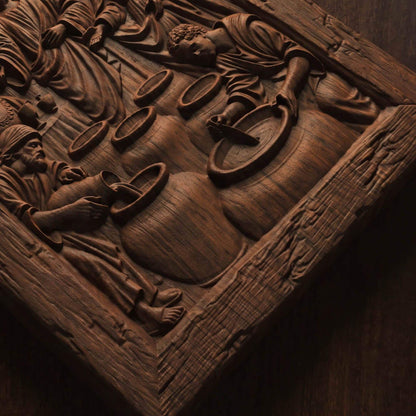 Jesus Christ and the Miracle at Cana Wooden Carved Handmade Christian Icon  Byzantine Greek Orthodox Home Decor Cretan Holy Carvings