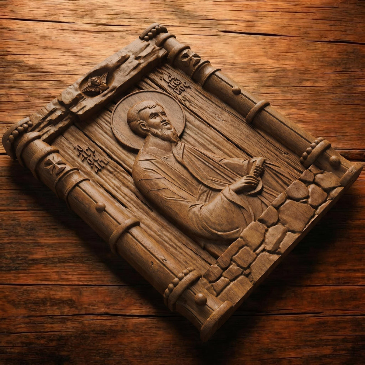 Saint Jacob the Apostle Wooden Carved Handmade Christian Icon Patron Saint of Spain Flat Side Brown Oak Cretan Holy Carvings