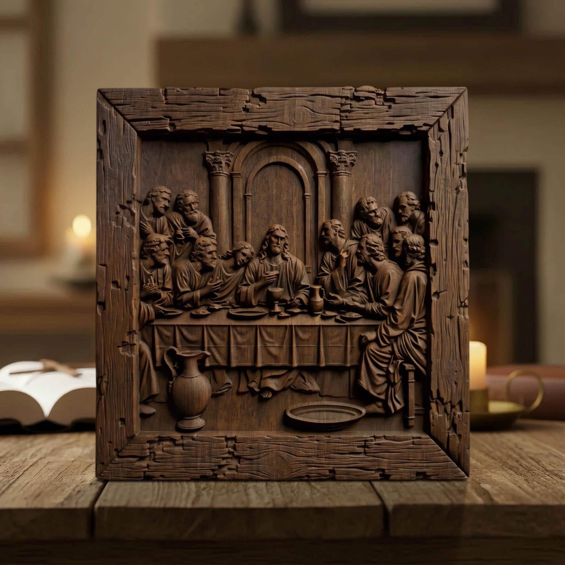 The Last Supper 6 Wooden Carved Handmade Christian Icon  Byzantine Greek Orthodox Home Decor Cretan Holy Carvings