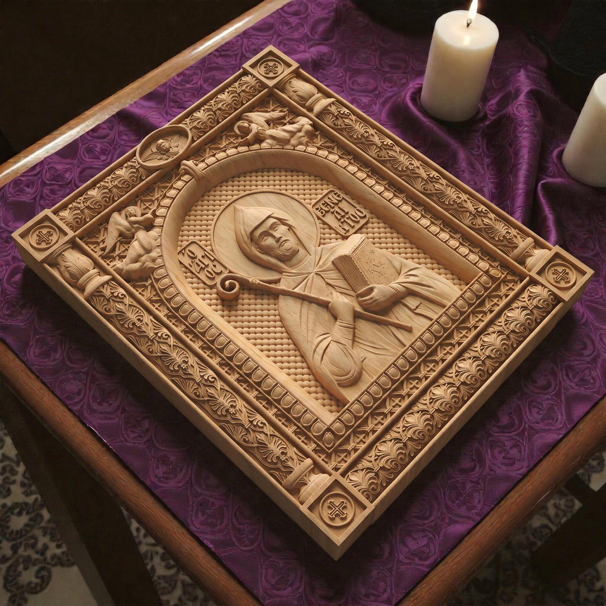 Saint Benedict Patron Saint of Europe Wooden Carved Handmade Christian Icon | Byzantine Greek Orthodox Home Art Decor