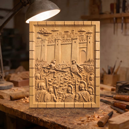 Achilles Fights Hector of Troy 3D Wooden Bas Relief Panel Art Sculptural Gift Idea Cretan Holy Carvings