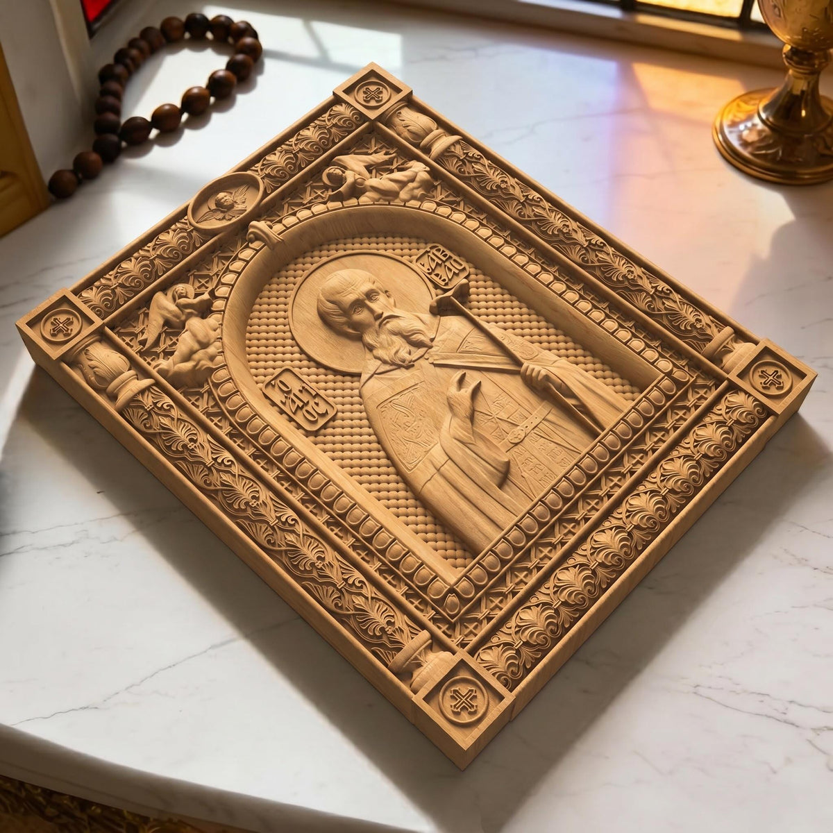 Saint Savvas the Sanctified Wooden Carved Handmade Christian Icon | Byzantine Greek Orthodox Home Art Decor