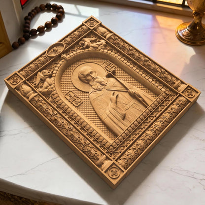 Saint Savvas the Sanctified Wooden Carved Handmade Christian Icon | Byzantine Greek Orthodox Home Art Decor