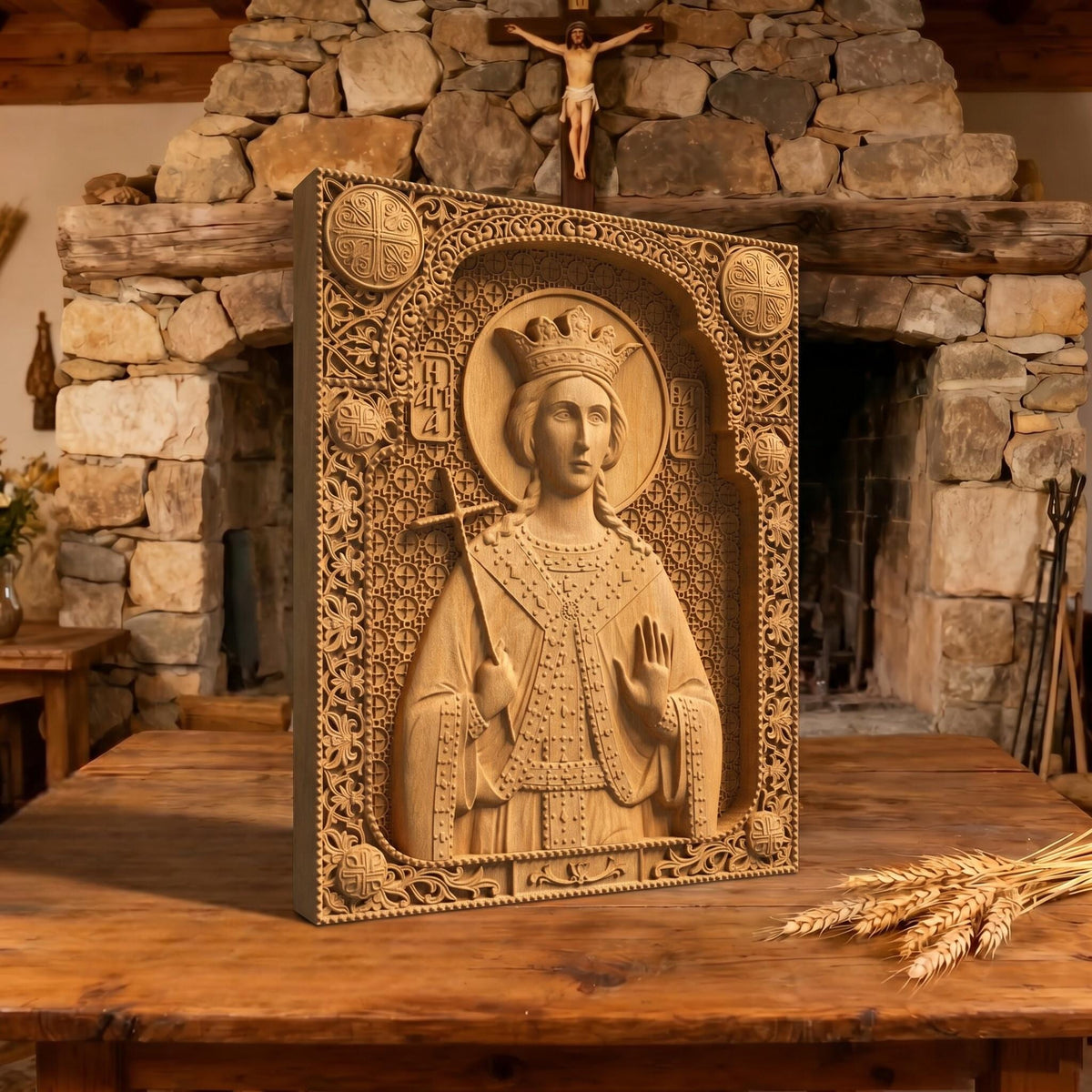 Saint Barbara Wooden Carved Handmade Christian Icon Patron Saint of Artillerymen Cretan Holy Carvings