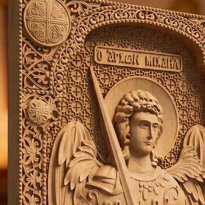 Αrchangel Michael Wooden Carved Handmade Christian Icon Left Side Natural Wood Color Cretan Holy Carvings