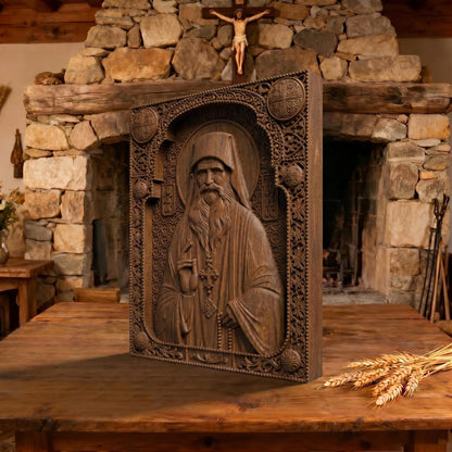 Saint Porphyrios of Kavsokalyvia Wooden Carved Handmade Christian Icon | Byzantine Greek Orthodox Home Art Decor