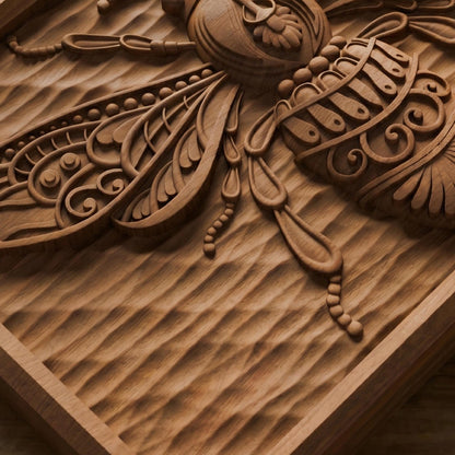 Bee Tribal Framed Bas Relief | Wooden Bee Carving | Sculptural Gift Idea