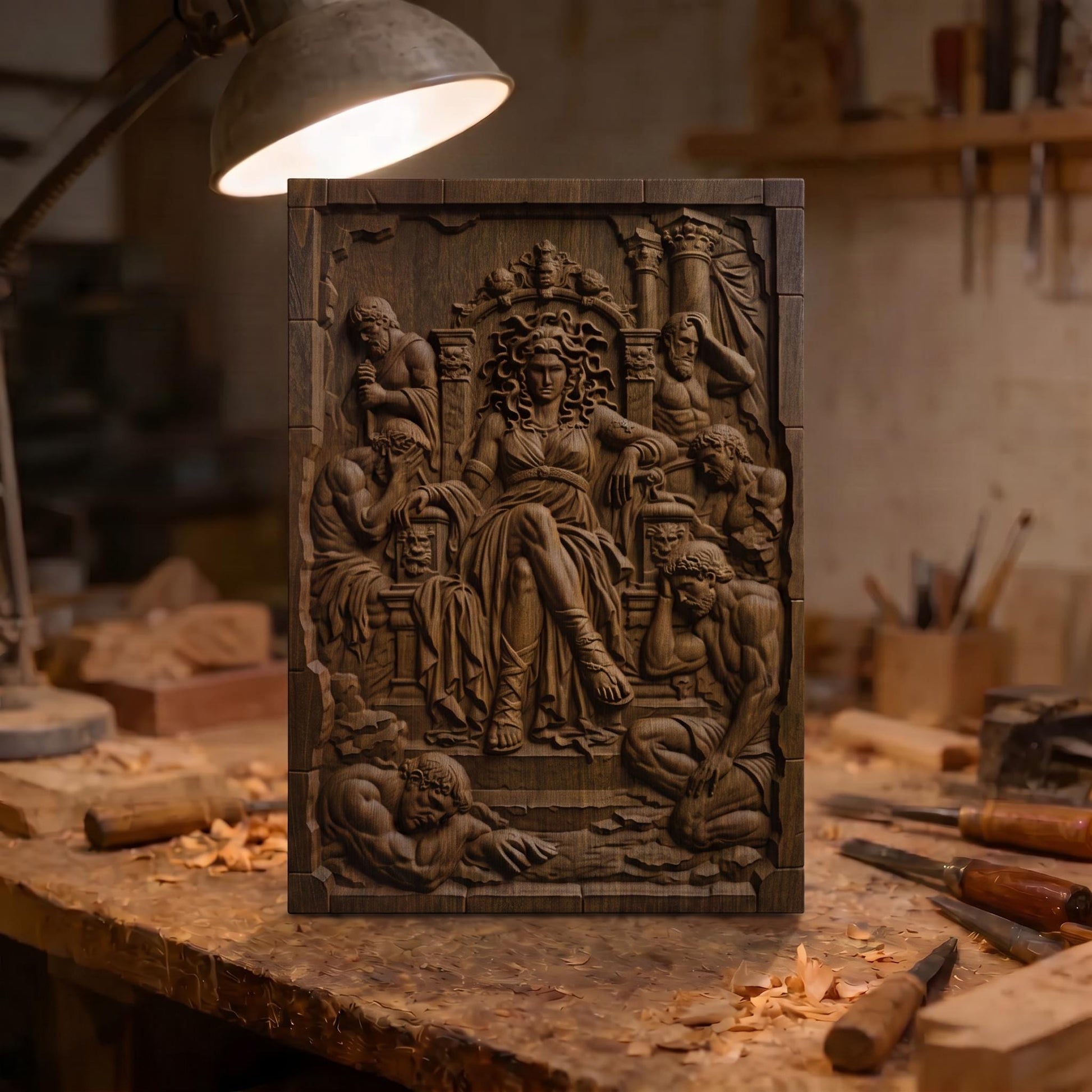 Medusa from Ancient Greek Mythology 3D Wooden Bas Relief Panel Art Sculptural Gift Idea Cretan Holy Carvings