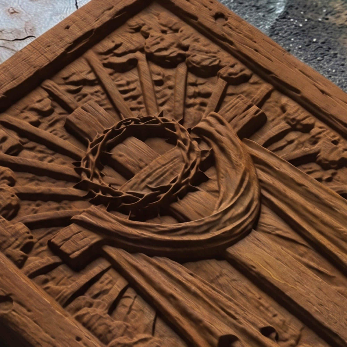 Jesus Christ Cross and Crown of Thorns Wooden Carved Handmade Christian Icon  Byzantine Greek Orthodox Home Art Decor Cretan Holy Carvings