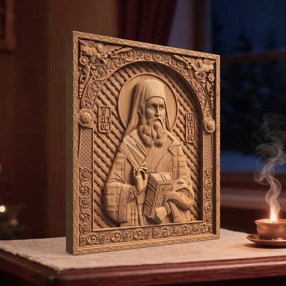Saint Nectarios of Aegina Wooden Carved Handmade Christian Icon | Byzantine Greek Orthodox Home Art Decor