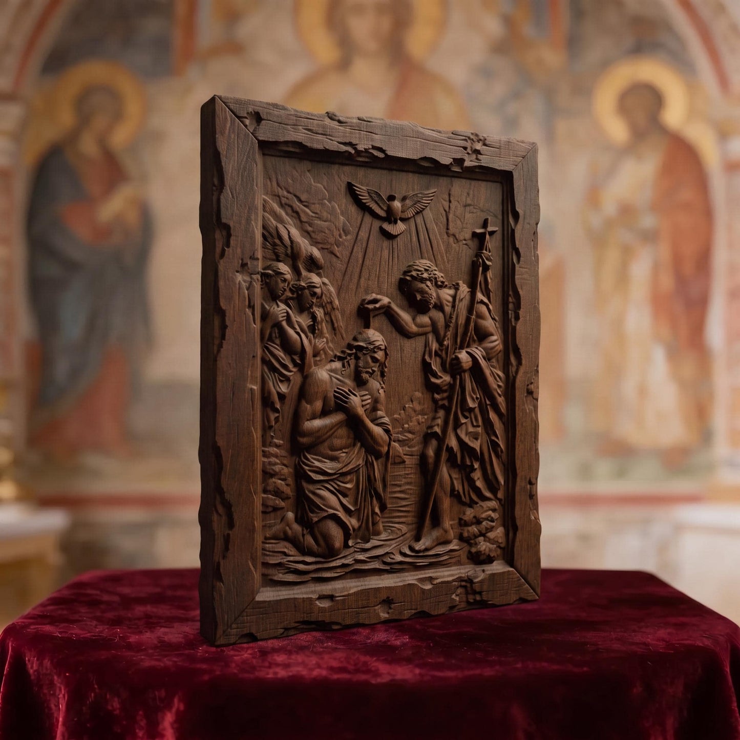 Saint John and the Baptism of Jesus Christ Wooden Carved Handmade Christian Icon  Byzantine Greek Orthodox Home Decor Cretan Holy Carvings