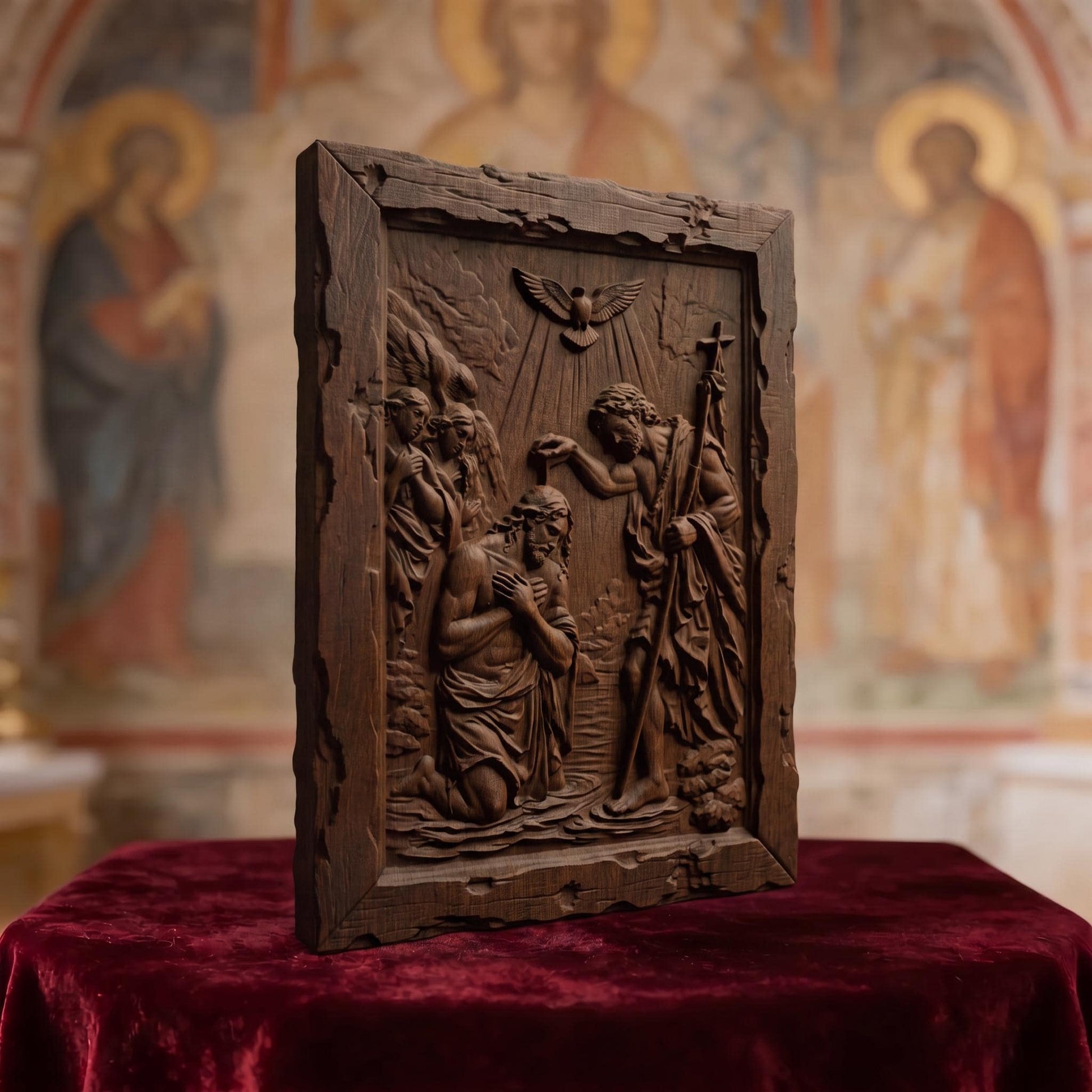 Saint John and the Baptism of Jesus Christ Wooden Carved Handmade Christian Icon  Byzantine Greek Orthodox Home Decor Cretan Holy Carvings