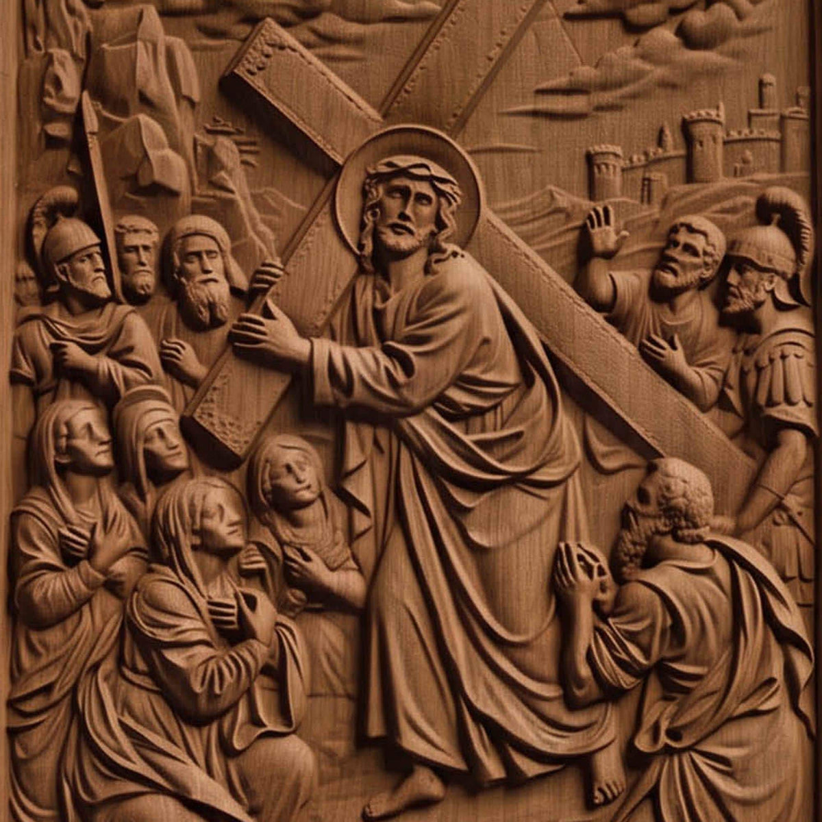The Way to Mount Golgotha Wooden Carved Handmade Christian Icon  Byzantine Greek Orthodox Home Decor Cretan Holy Carvings