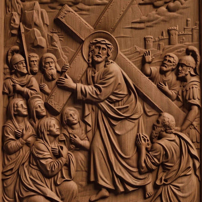 The Way to Mount Golgotha Wooden Carved Handmade Christian Icon  Byzantine Greek Orthodox Home Decor Cretan Holy Carvings