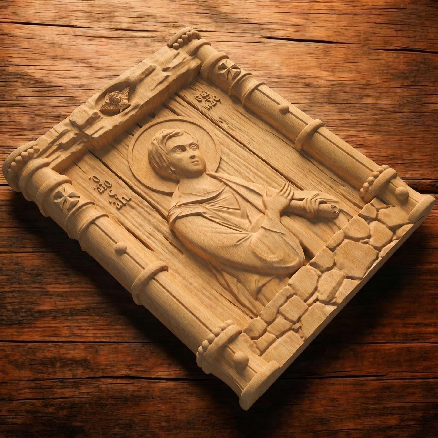 Saint Thomas the Apostle Wooden Carved Handmade Christian Icon Patron Saint of Architects and Builders Cretan Holy Carvings