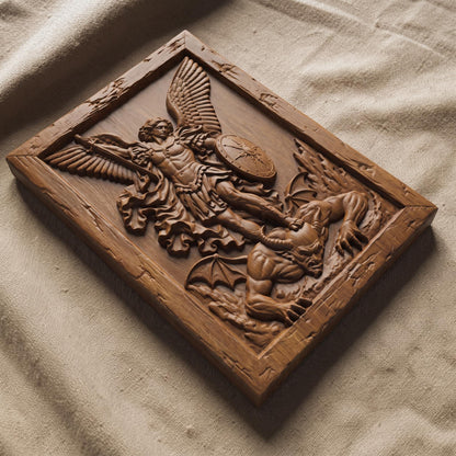 Archangel Michael Victorius Wooden Carved Handmade Christian Icon  Byzantine Greek Orthodox Home Decor Cretan Holy Carvings