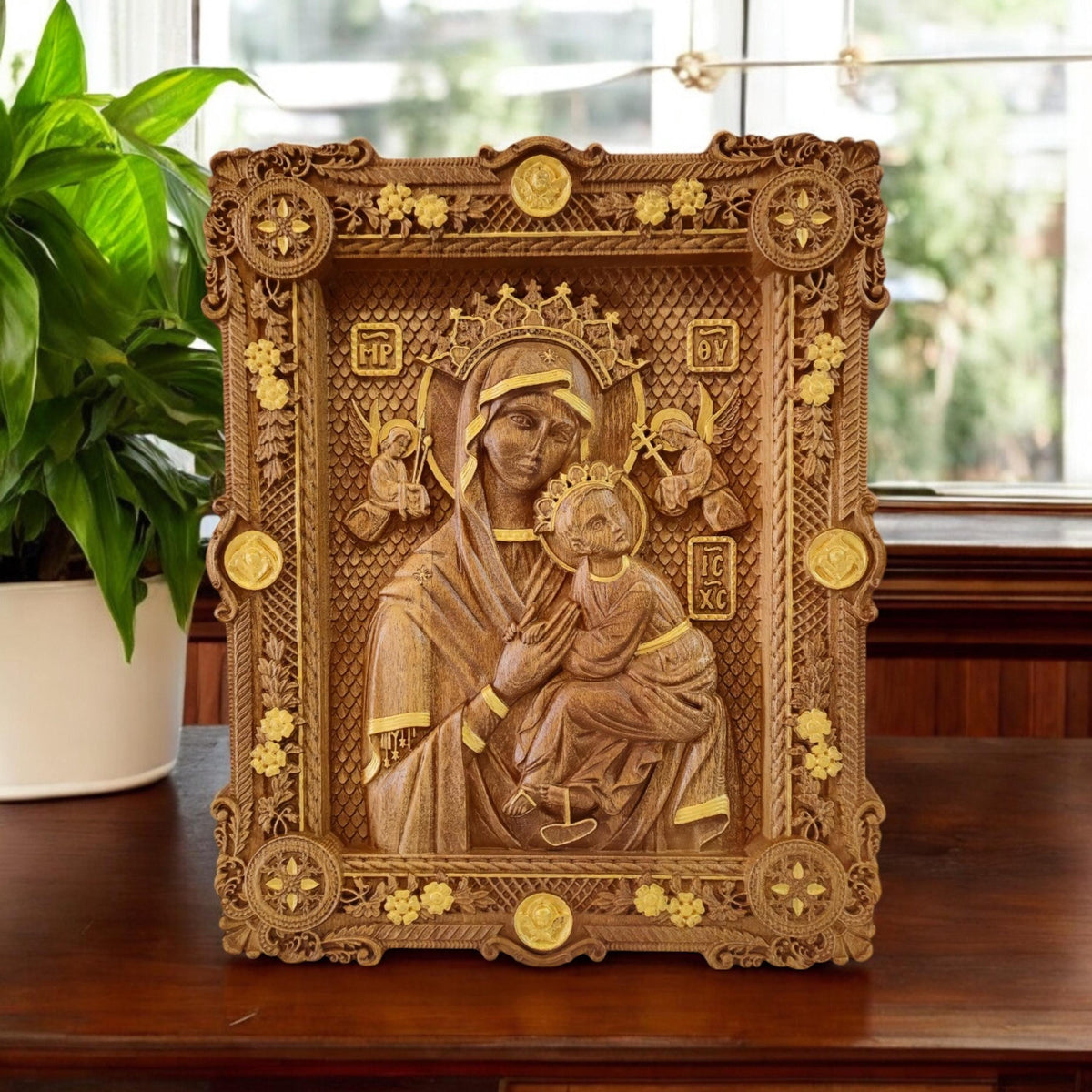 Virgin Mary of Perpetual Help Wooden Carved Handmade Christian Icon. Byzantine Greek Orthodox Decor.