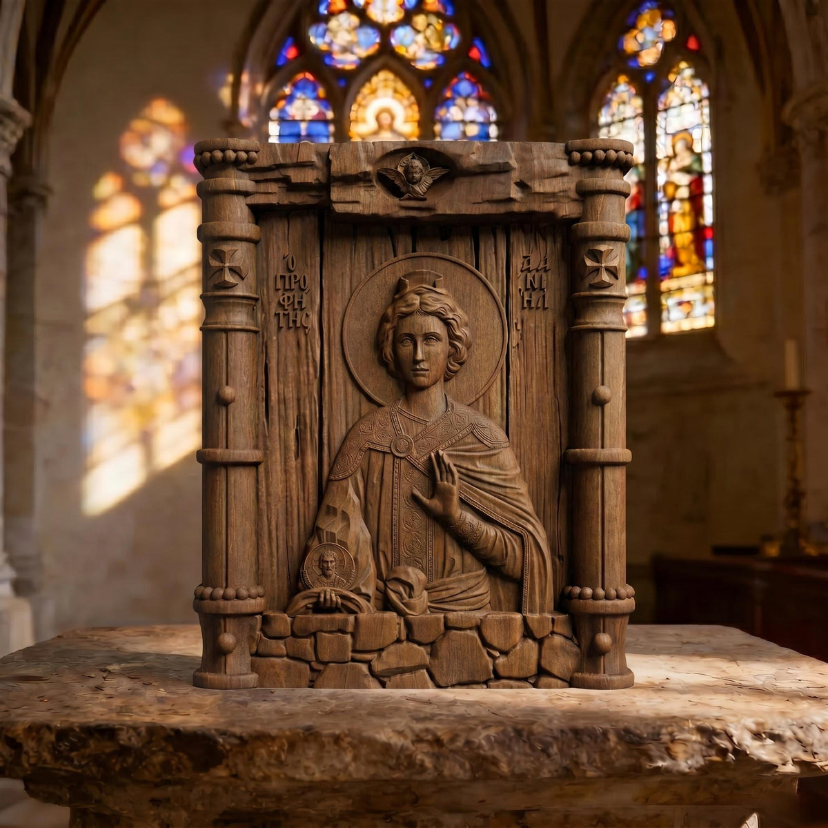 Prophet Daniel Wooden Carved Handmade Christian Icon Patron Saint of Courage, Fortitude, and Strength Front Side Brown Oak Cretan Holy Carvings
