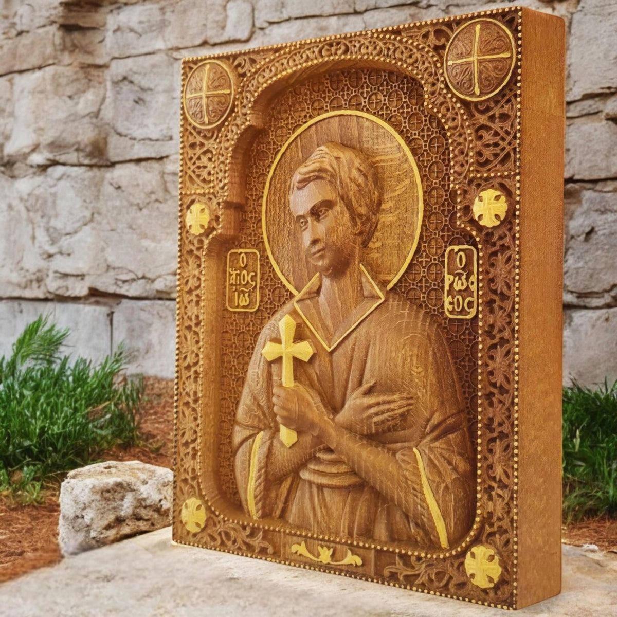 Saint John the Russian Wooden Carved Handmade Christian Icon. Byzantine Greek Orthodox Home Art Decor.