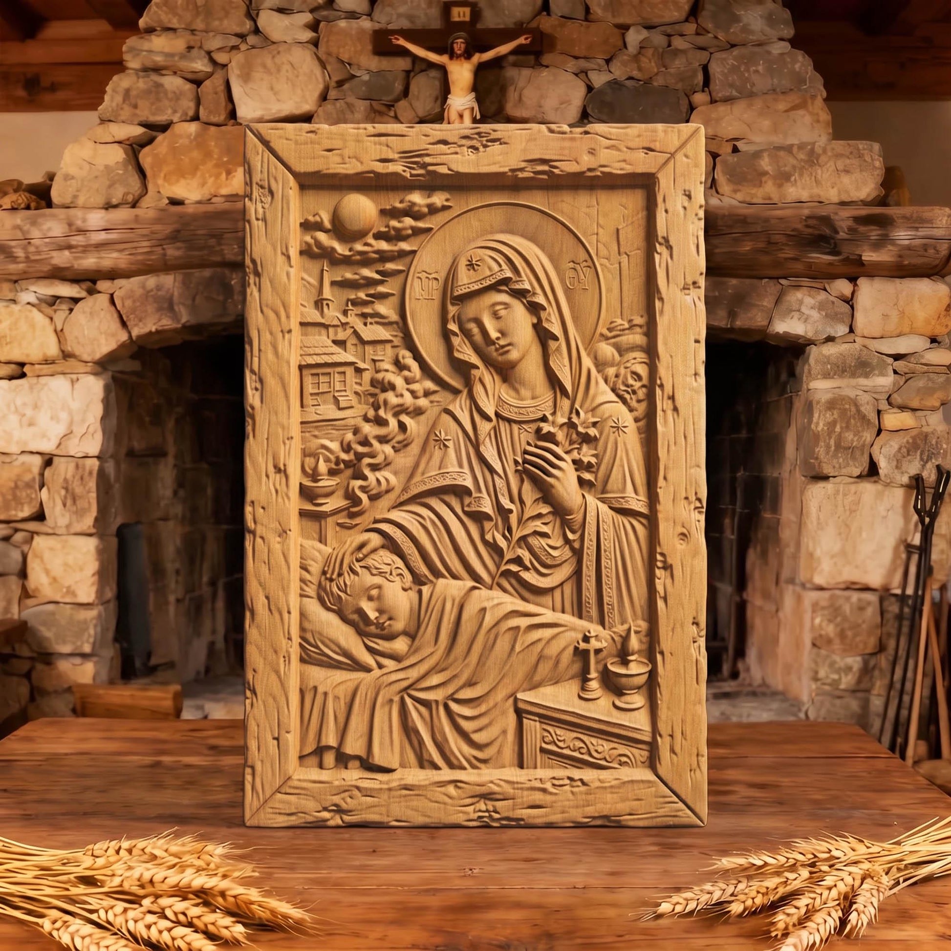 Virgin Mary Protects the Children Wooden Carved Handmade Christian Icon  Byzantine Greek Orthodox Home Decor Cretan Holy Carvings