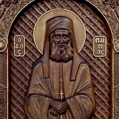 Saint Paisios of Mount Athos Wooden Carved Handmade Christian Icon. Byzantine Greek Home Decor.