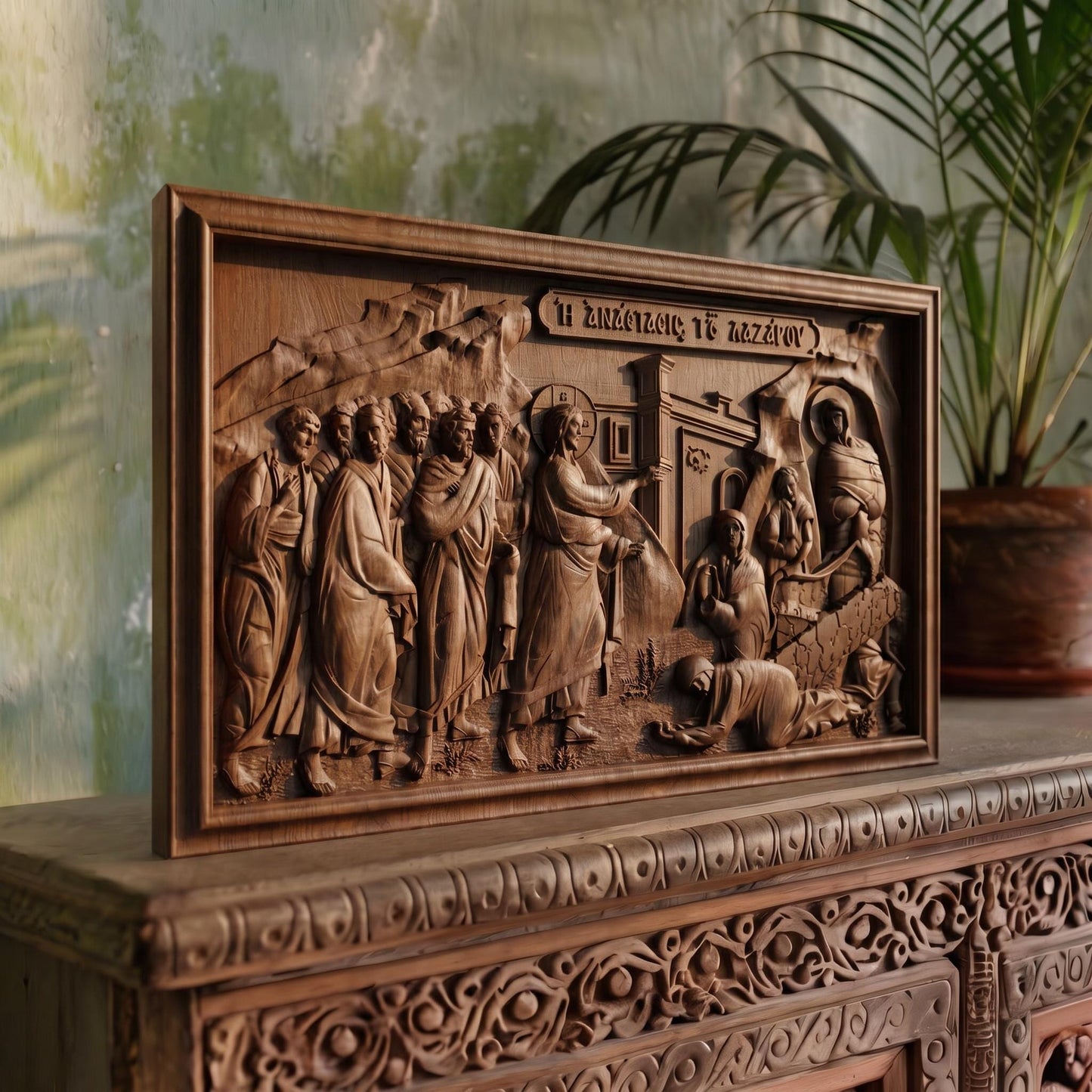 Lazarus Resurrection from Jesus Christ   Wooden Carved Handmade Christian Icon | Byzantine Greek Orthodox Home Art Decor