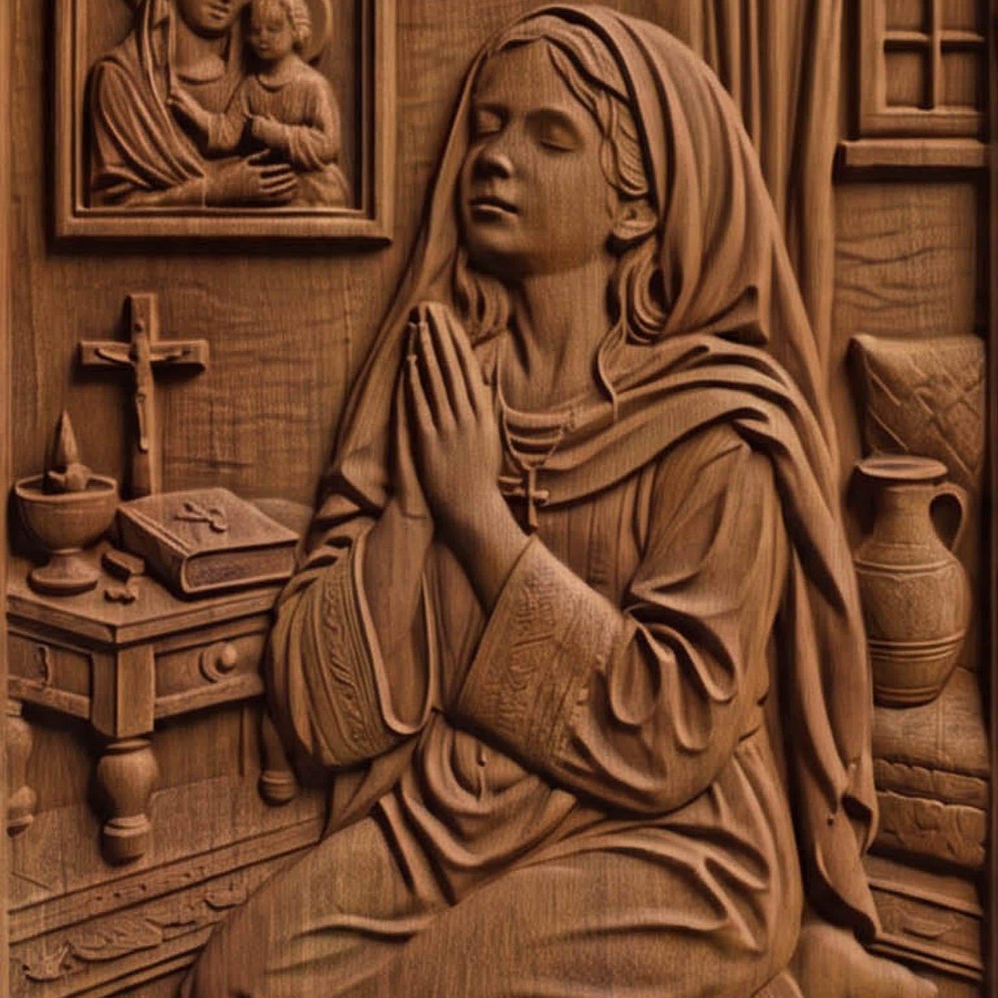 Young Girl Praying to God Wooden Carved Handmade Christian Icon  Byzantine Greek Orthodox Home Decor Cretan Holy Carvings