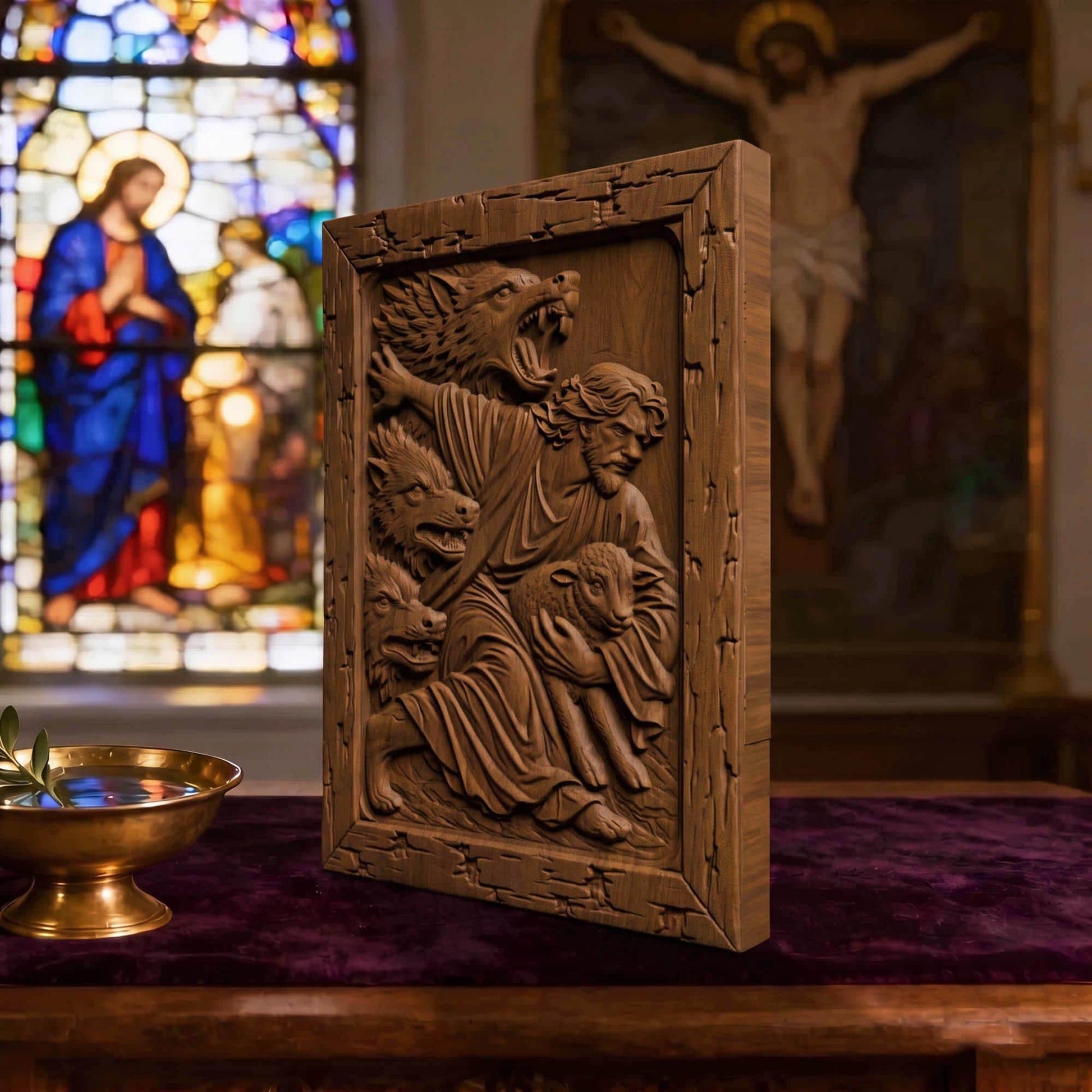 Jesus Saves from the Wolves Wooden Carved Handmade Christian Icon  Byzantine Greek Orthodox Home Decor Cretan Holy Carvings