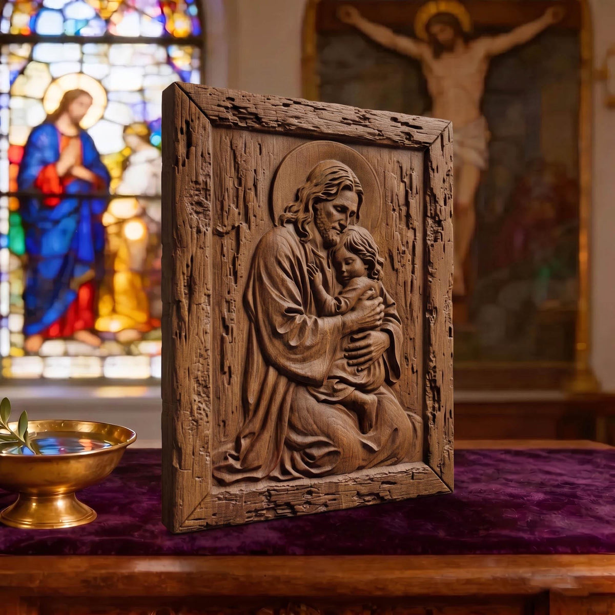 Jesus Holding Child Wooden Carved Handmade Christian Icon | Byzantine Greek Orthodox Home Decor