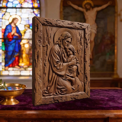 Jesus Holding Child Wooden Carved Handmade Christian Icon | Byzantine Greek Orthodox Home Decor