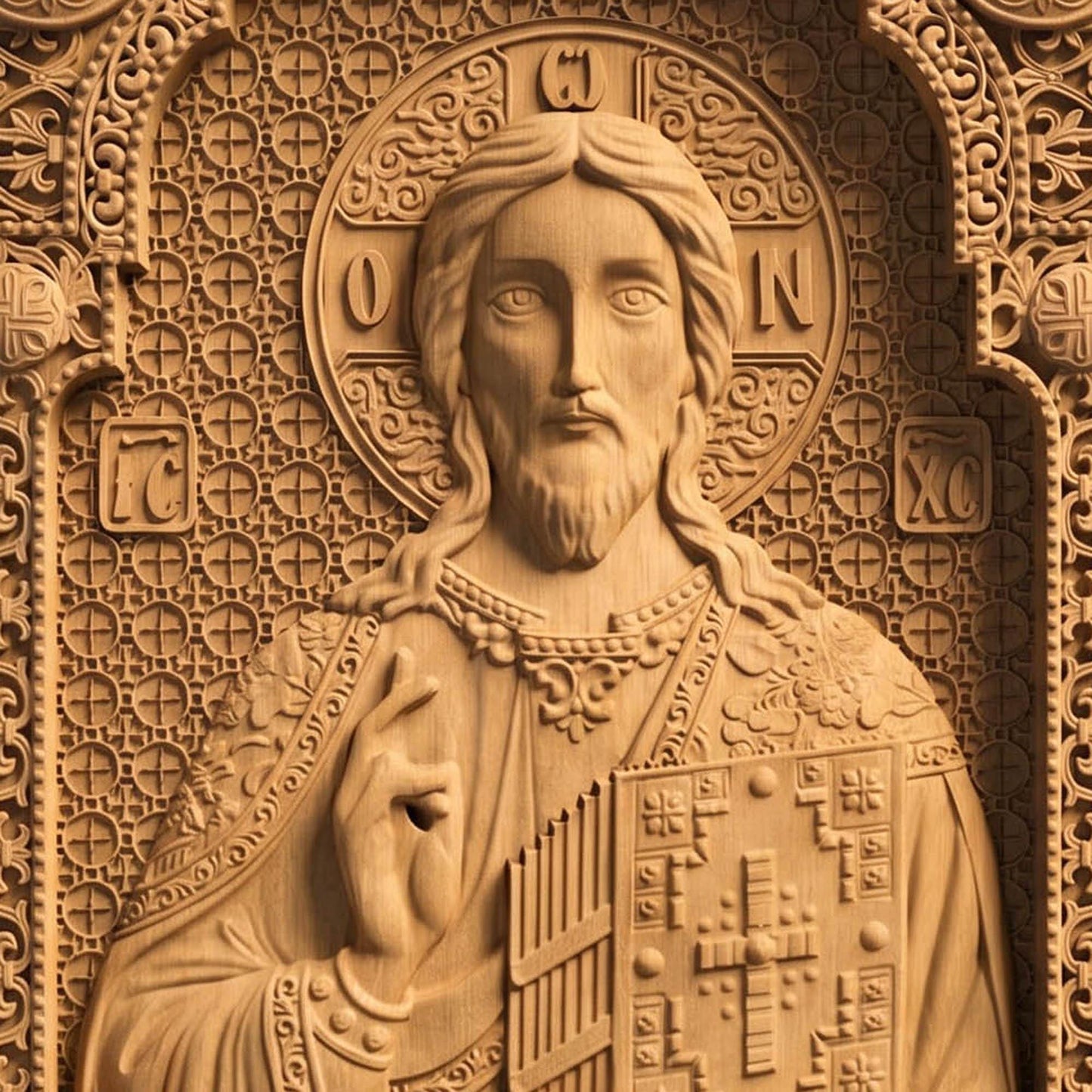 Jesus Christ Wooden Carved Handmade Christian Icon Front Side Natural Wood Color Cretan Holy Carvings (2)