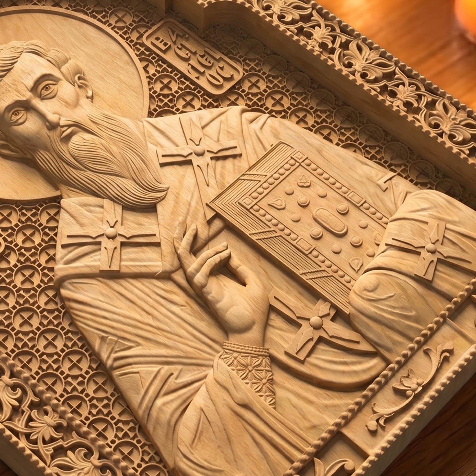 Saint Basil the Great Wooden Carved Handmade Christian Icon Patron Saint of the Poor Flat Side Natural Wood Color Cretan Holy Carvings