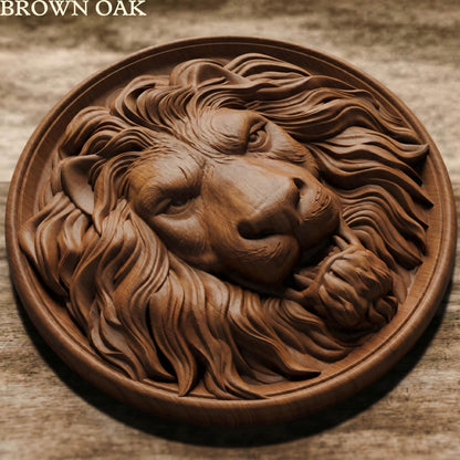 Lion Head in Plate Framed Bas Relief | Wooden Lion Carving | Sculptural Gift Idea