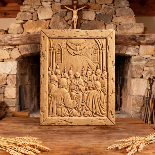 Pentecoste the Holy Spirit as Tongues of Fire Wooden Carved Handmade Christian Icon  Byzantine Greek Orthodox Home Decor Cretan Holy Carvings