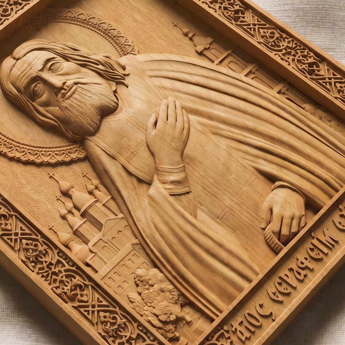 Saint Seraphim of Sarov Wooden Carved Handmade Christian Wooden Carved Handmade Christian Icon Flat Side Natural Wood Color Cretan Holy Carvings