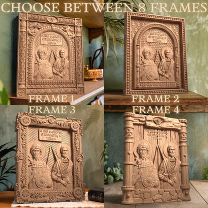 Saints Theodore Tyron and Stratelates Wooden Carved Handmade Christian Icon. Byzantine Greek Orthodox Decor.