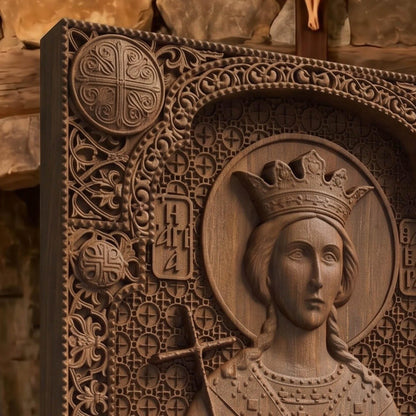 Saint Barbara Wooden Carved Handmade Christian Icon Patron Saint of Artillerymen Cretan Holy Carvings