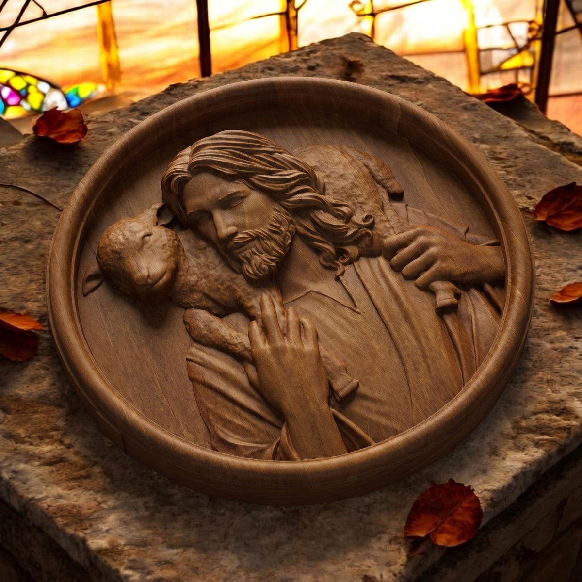 Jesus Christ Carrying Lamb Plate Wooden Carved Handmade Christian Icon Flat Side Brown Oak Cretan Holy Carvings