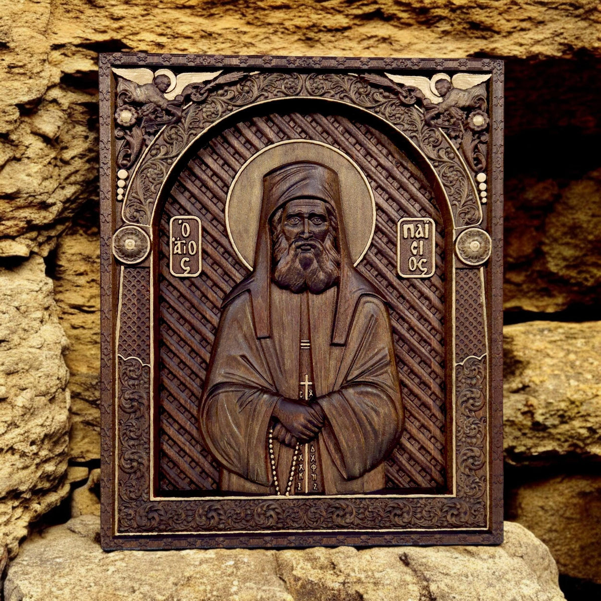 Saint Paisios of Mount Athos Wooden Carved Handmade Christian Icon. Byzantine Greek Home Decor.